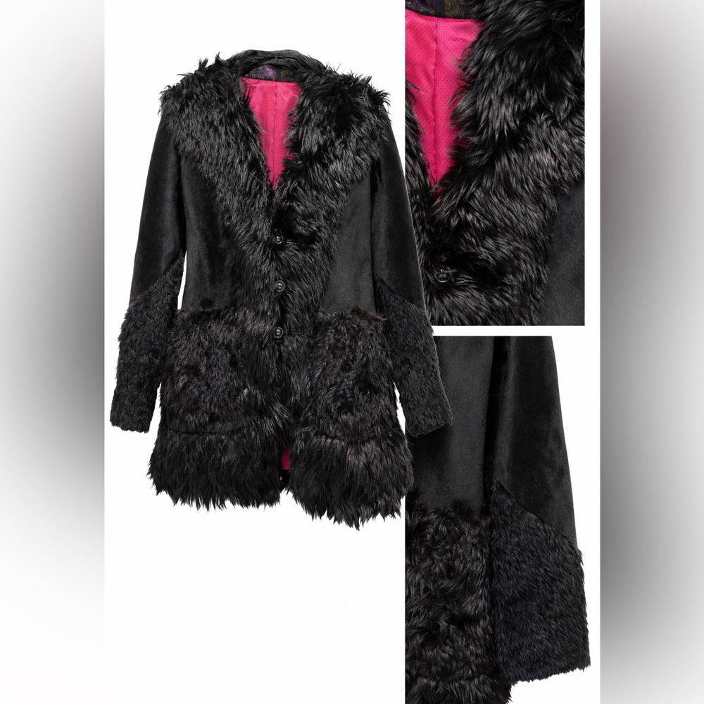 Black Fur Leather Chic Layering Coat M/L NWT High End Designer Statement Luxury - Picture 4 of 14